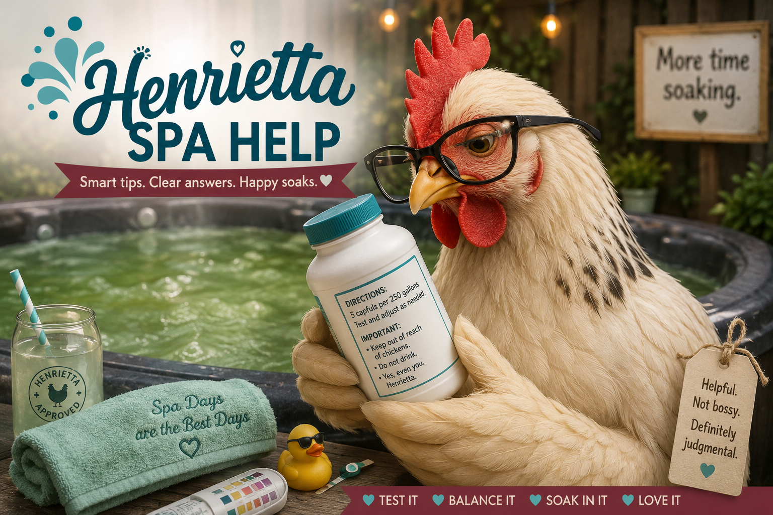 Henrietta reading a spa product label beside a slightly green spa